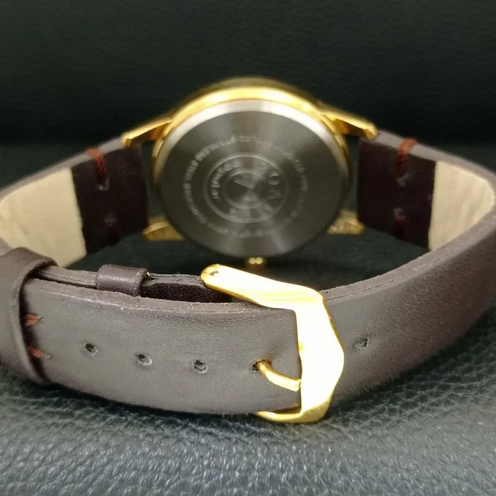 Vintage 1977 Roamer Manual Mens Gold Watch W/Leather Strap & Red accents